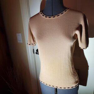 Short Sleeve Tan Pullover with Black Woven String Trim
